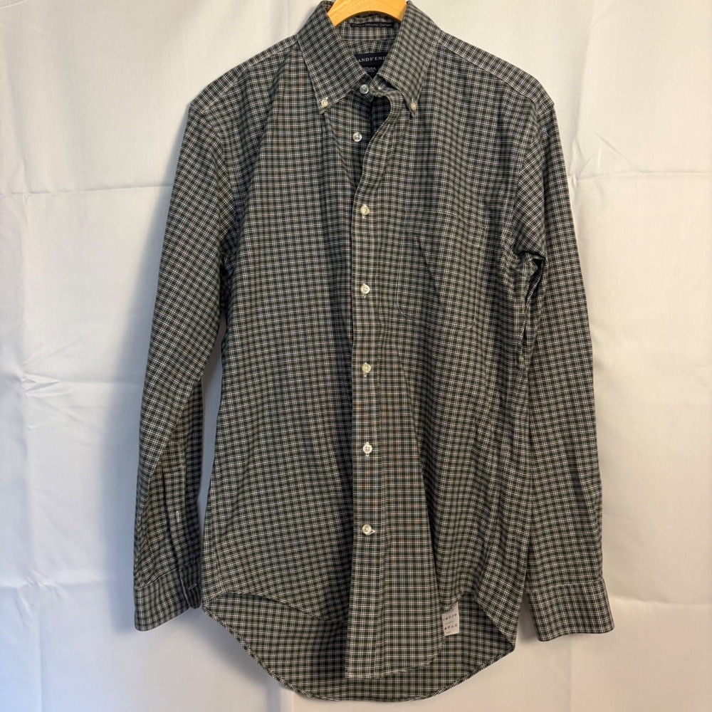 Lands End Mens Tailored Fit Green Plaid Button Down Shirt 15-34 409419